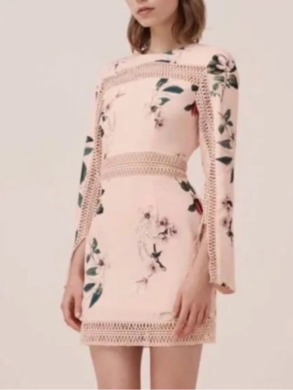 Keepsake Floral Lace-Trim Pink Long-Sleeve Mini Dress XS